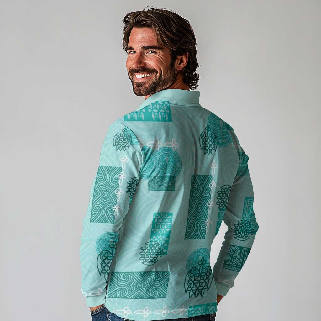 Vintage Lapita Long Sleeve Polo Shirt Iconic Double Face Pattern Turquoise LT05