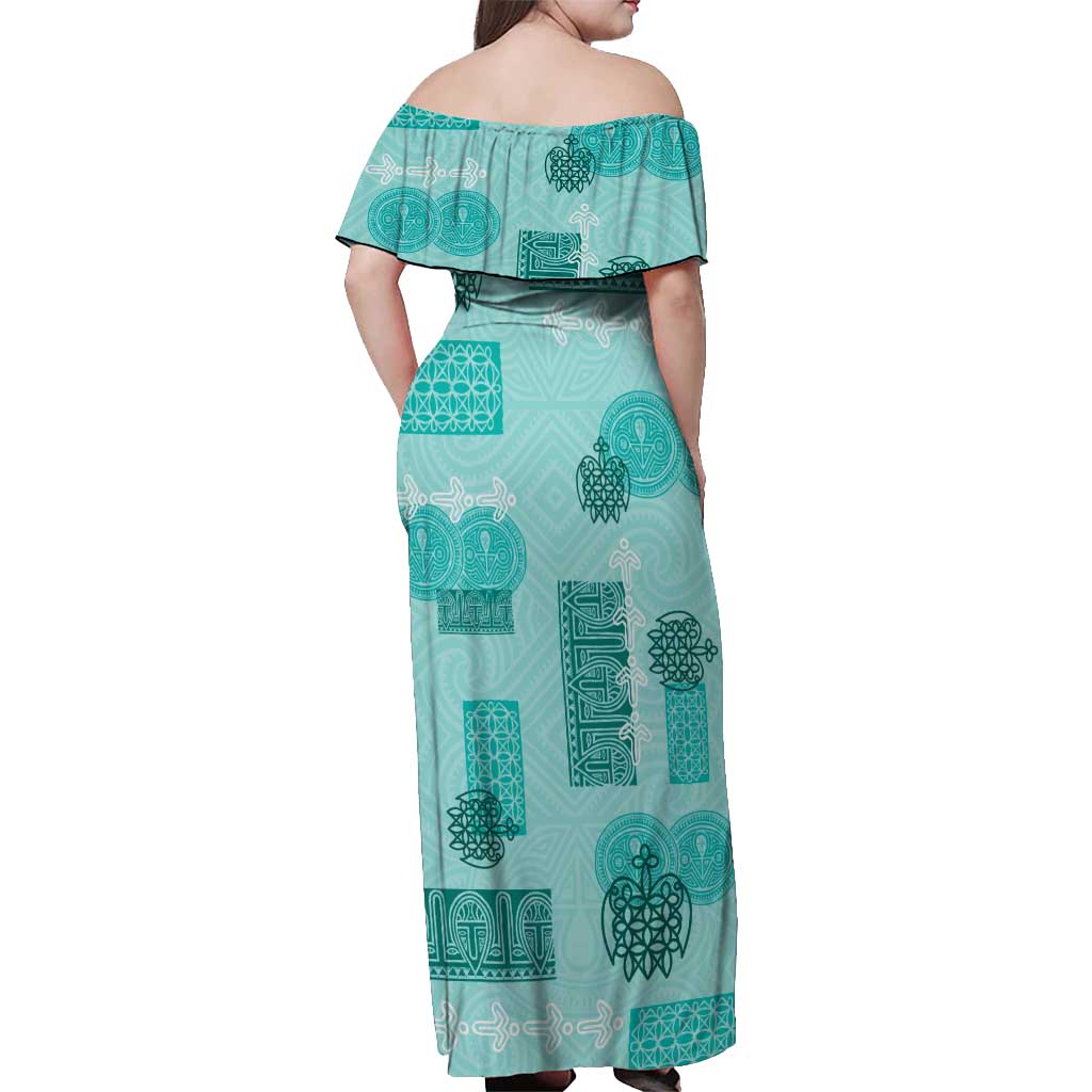 Vintage Lapita Off Shoulder Maxi Dress Iconic Double Face Pattern Turquoise LT05