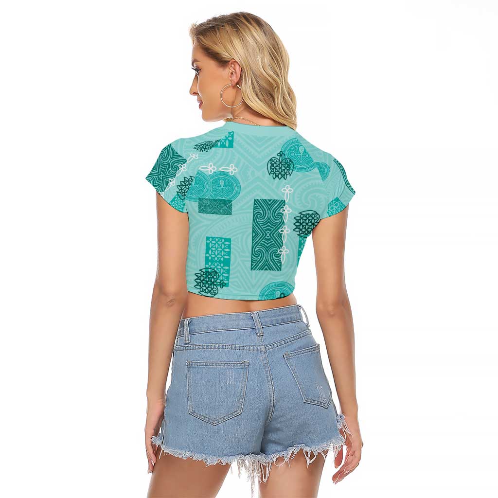 Vintage Lapita Raglan Cropped T Shirt Iconic Double Face Pattern Turquoise LT05
