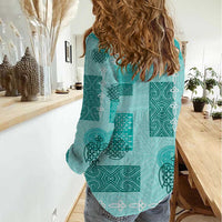 Vintage Lapita Women Casual Shirt Iconic Double Face Pattern Turquoise LT05