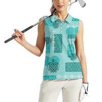 Vintage Lapita Women Sleeveless Polo Shirt Iconic Double Face Pattern Turquoise LT05