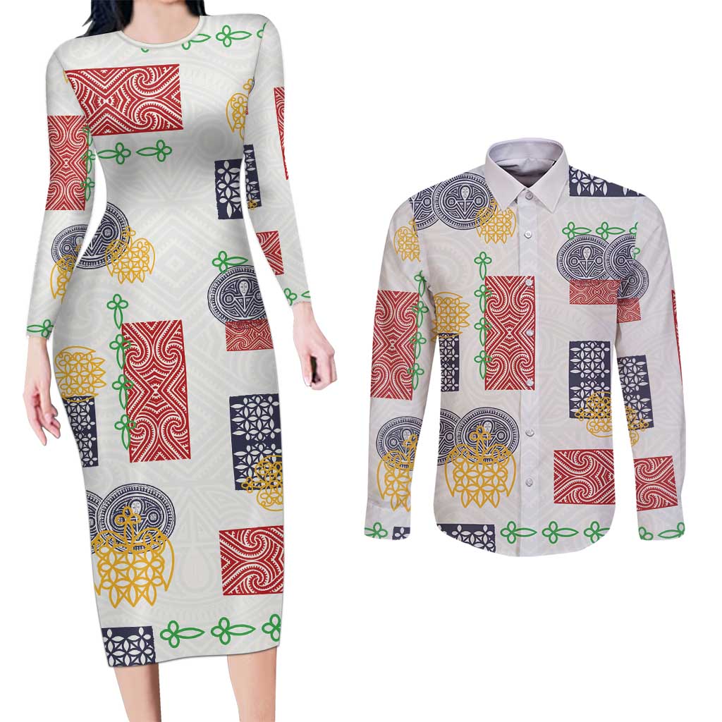 Vintage Lapita Couples Matching Long Sleeve Bodycon Dress and Long Sleeve Button Shirt Iconic Double Face Pattern