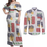 Vintage Lapita Couples Matching Off Shoulder Maxi Dress and Long Sleeve Button Shirt Iconic Double Face Pattern