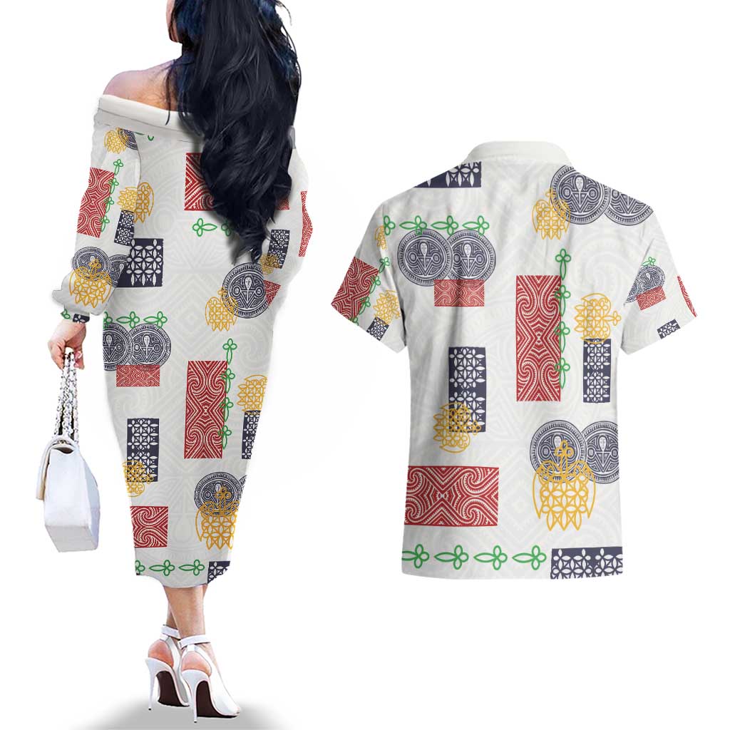 Vintage Lapita Couples Matching Off The Shoulder Long Sleeve Dress and Hawaiian Shirt Iconic Double Face Pattern