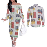 Vintage Lapita Couples Matching Off The Shoulder Long Sleeve Dress and Long Sleeve Button Shirt Iconic Double Face Pattern