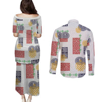Vintage Lapita Couples Matching Puletasi and Long Sleeve Button Shirt Iconic Double Face Pattern