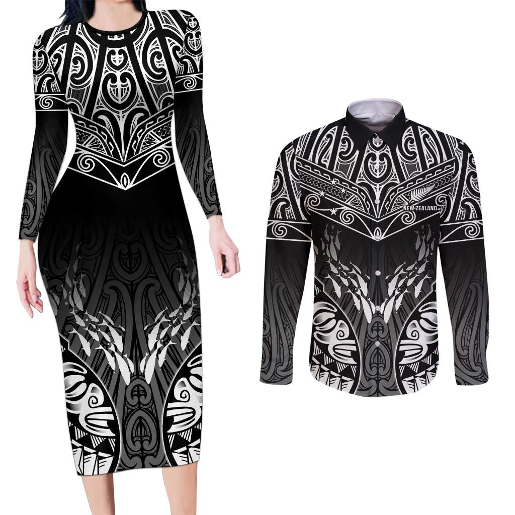 Custom New Zealand Fishing Couples Matching Long Sleeve Bodycon Dress and Long Sleeve Button Shirt Aotearoa Maori Koru - Polynesian Pride