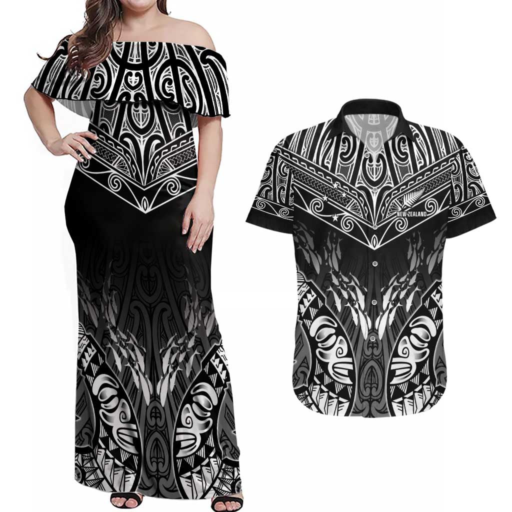 Custom New Zealand Fishing Couples Matching Off Shoulder Maxi Dress and Hawaiian Shirt Aotearoa Maori Koru - Polynesian Pride
