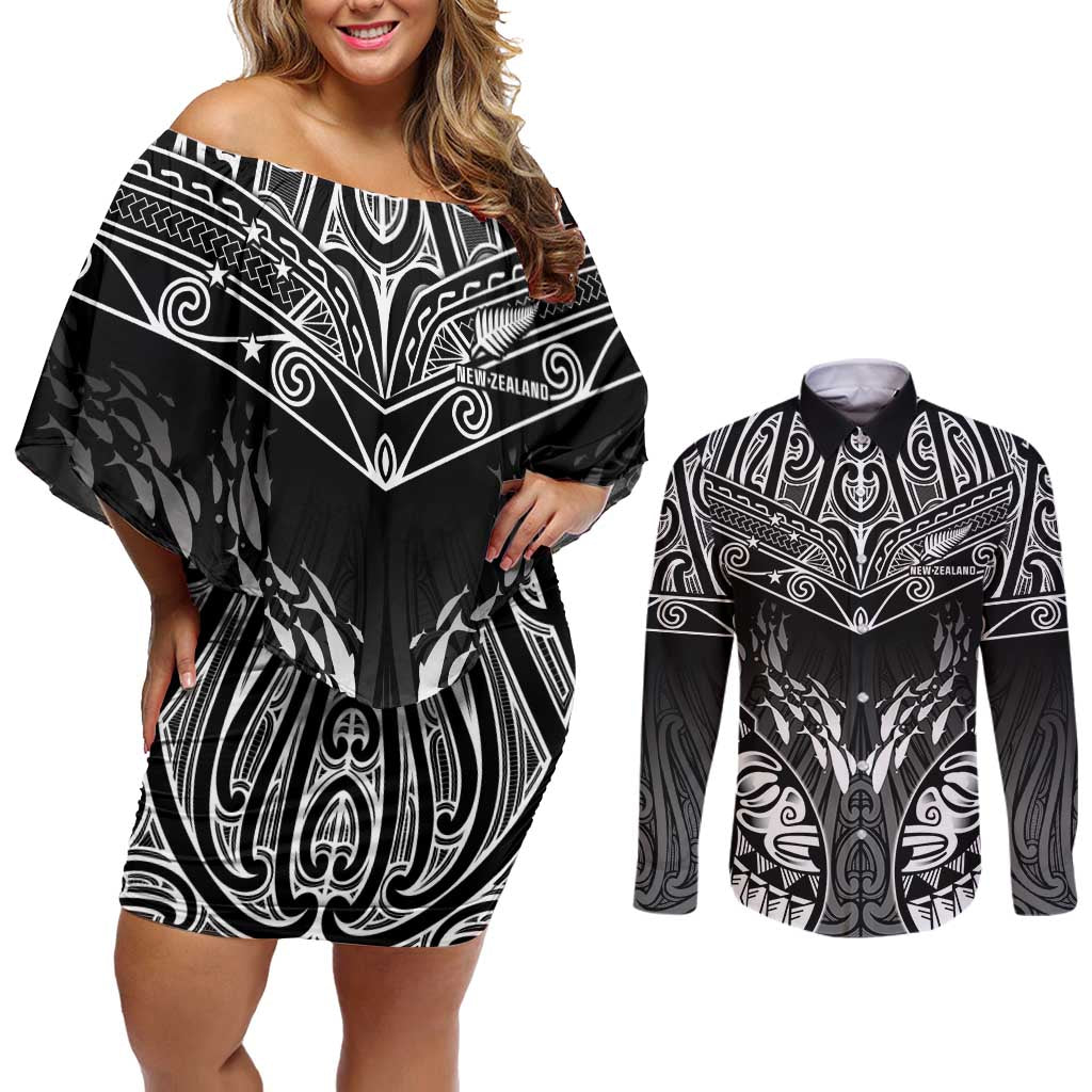 Custom New Zealand Fishing Couples Matching Off Shoulder Short Dress and Long Sleeve Button Shirt Aotearoa Maori Koru - Polynesian Pride