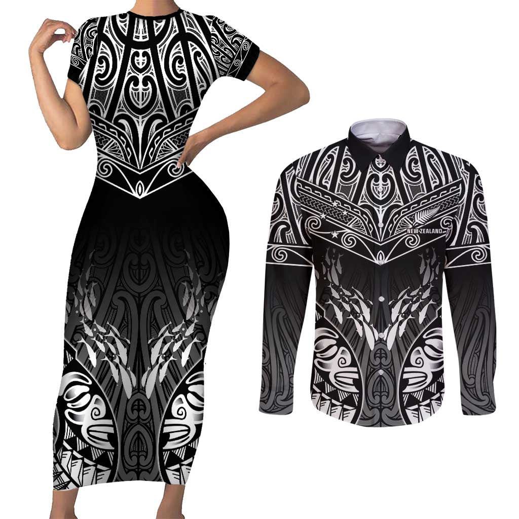 Custom New Zealand Fishing Couples Matching Short Sleeve Bodycon Dress and Long Sleeve Button Shirt Aotearoa Maori Koru - Polynesian Pride