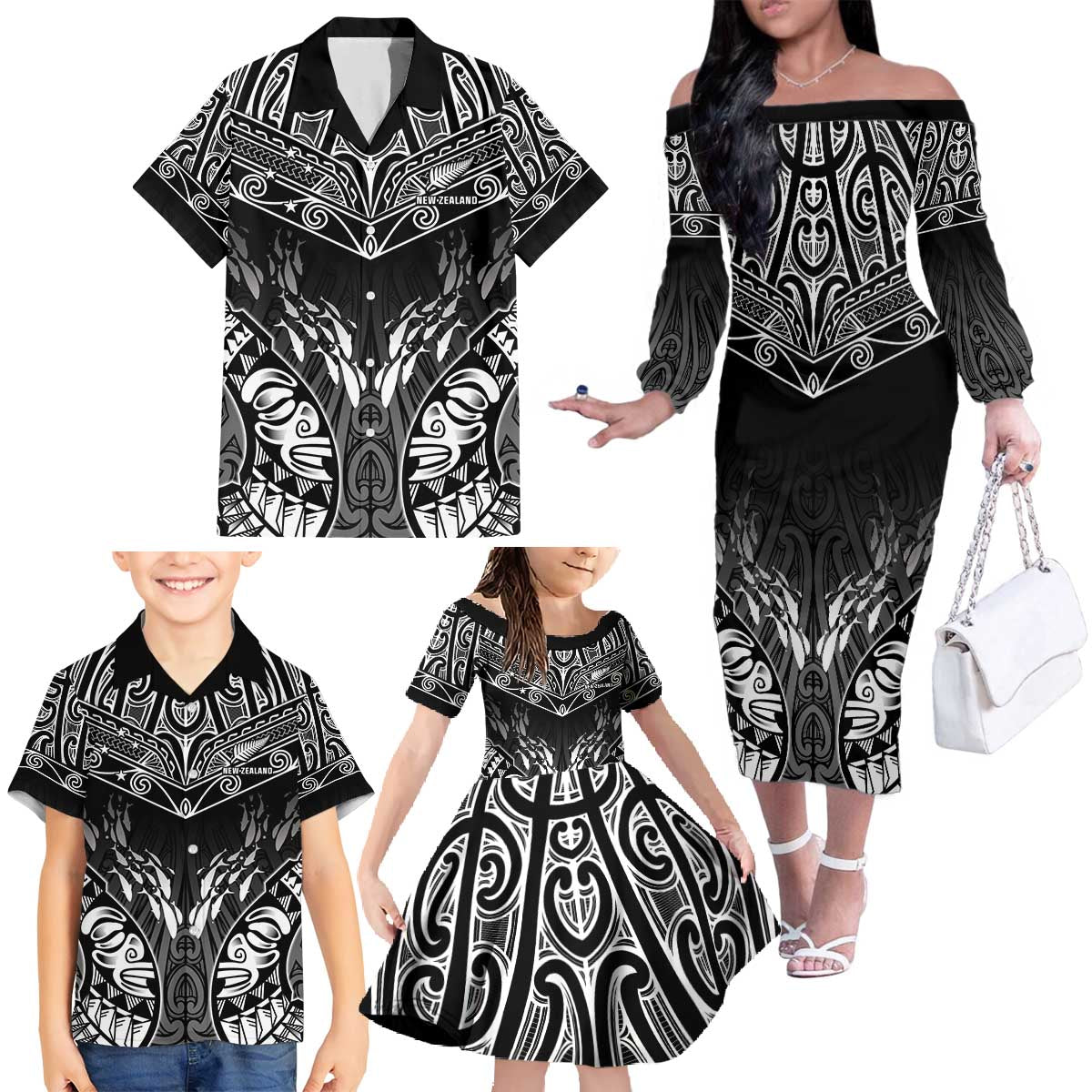 Custom New Zealand Fishing Family Matching Off The Shoulder Long Sleeve Dress and Hawaiian Shirt Aotearoa Maori Koru - Polynesian Pride