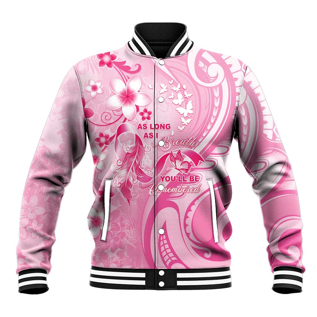Personalised Memorial Pink Breast Cancer Awareness Baseball Jacket Plumeria Floral Tribal Pattern - Polynesian Pride