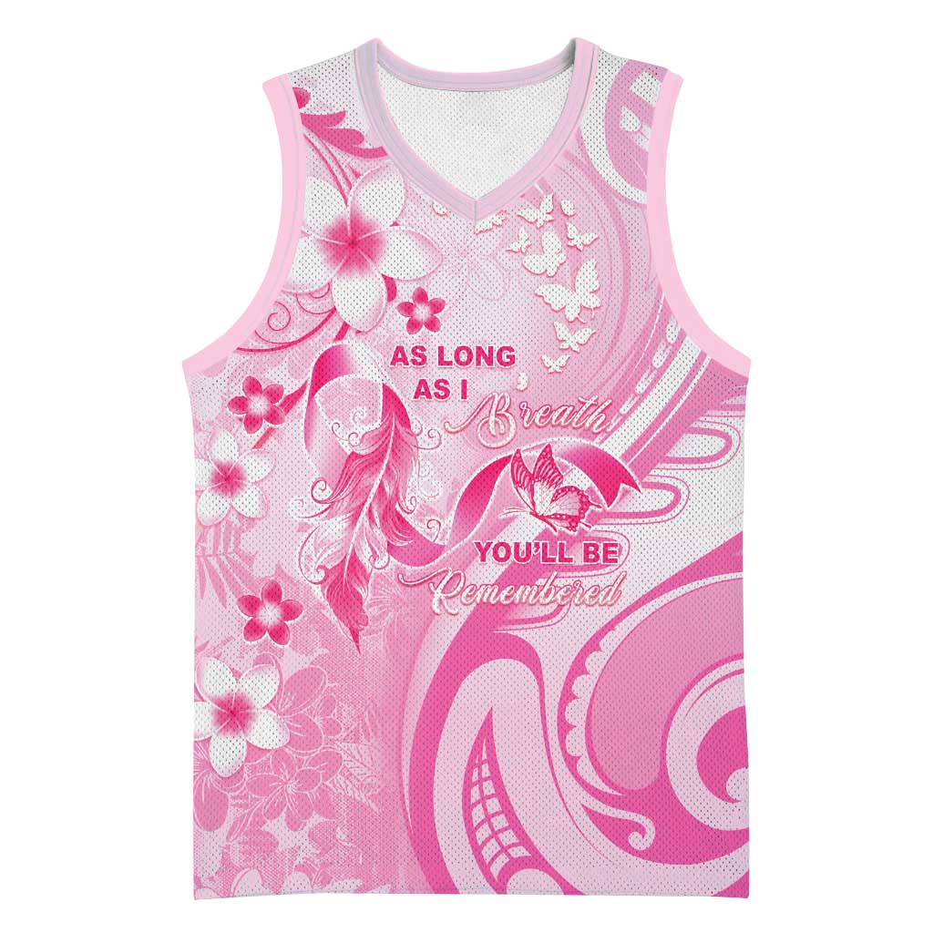 Personalised Memorial Pink Breast Cancer Awareness Basketball Jersey Plumeria Floral Tribal Pattern - Polynesian Pride