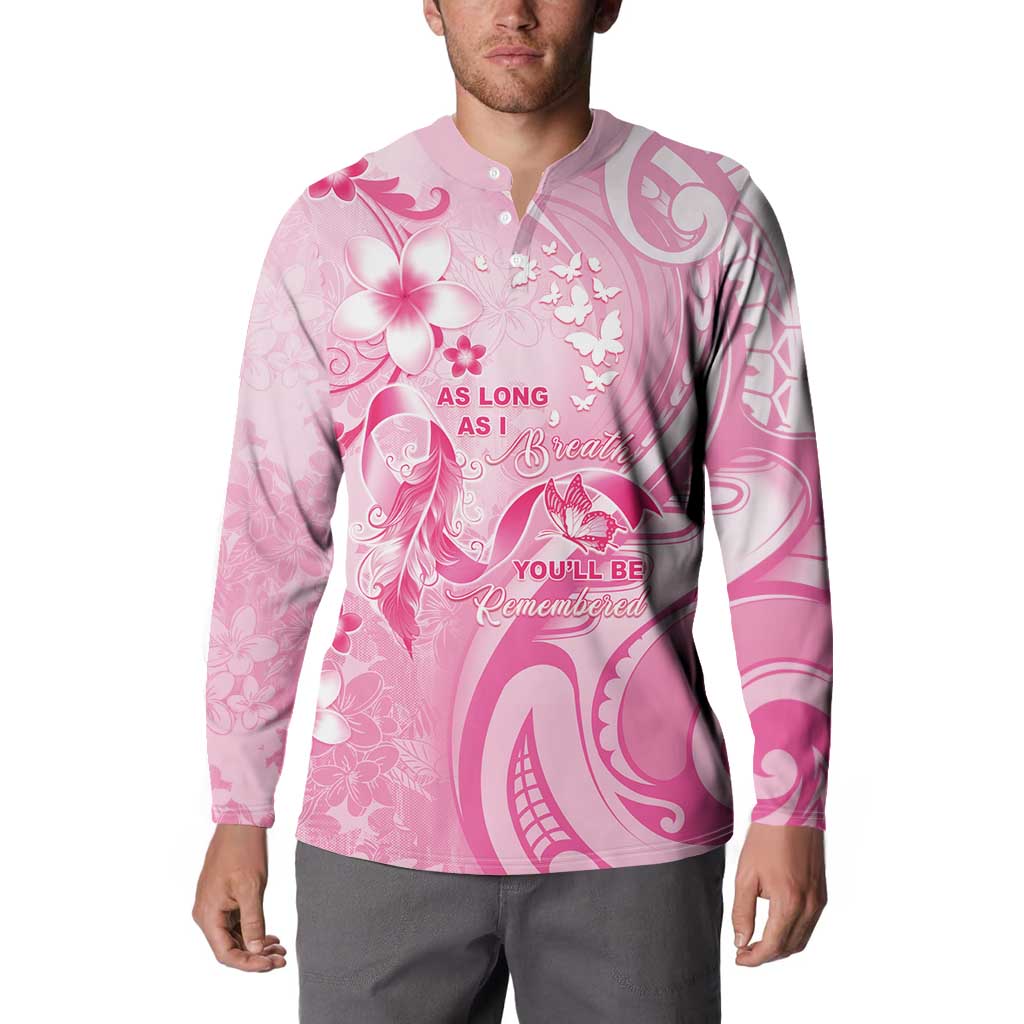 Personalised Memorial Pink Breast Cancer Awareness Button Sweatshirt Plumeria Floral Tribal Pattern - Polynesian Pride