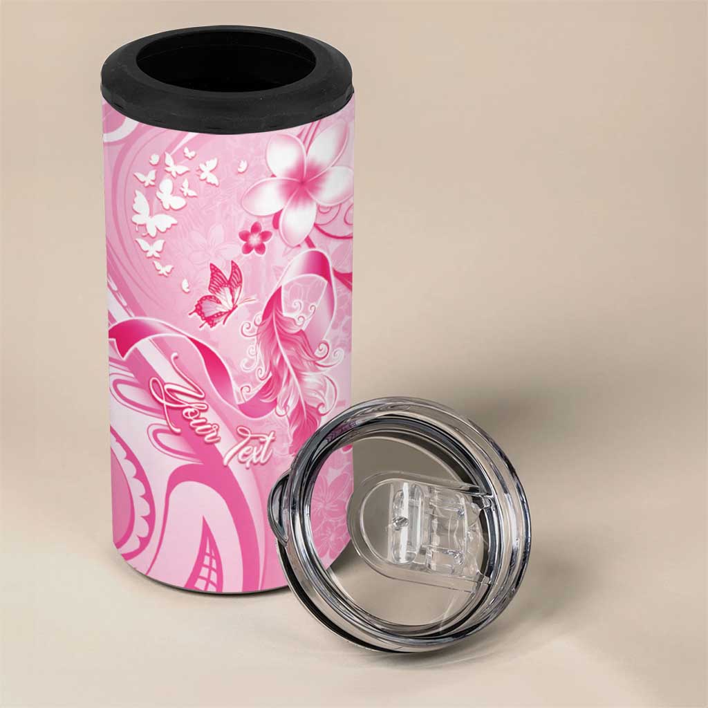 Personalised Memorial Pink Breast Cancer Awareness 4 in 1 Can Cooler Tumbler Plumeria Floral Tribal Pattern - Polynesian Pride