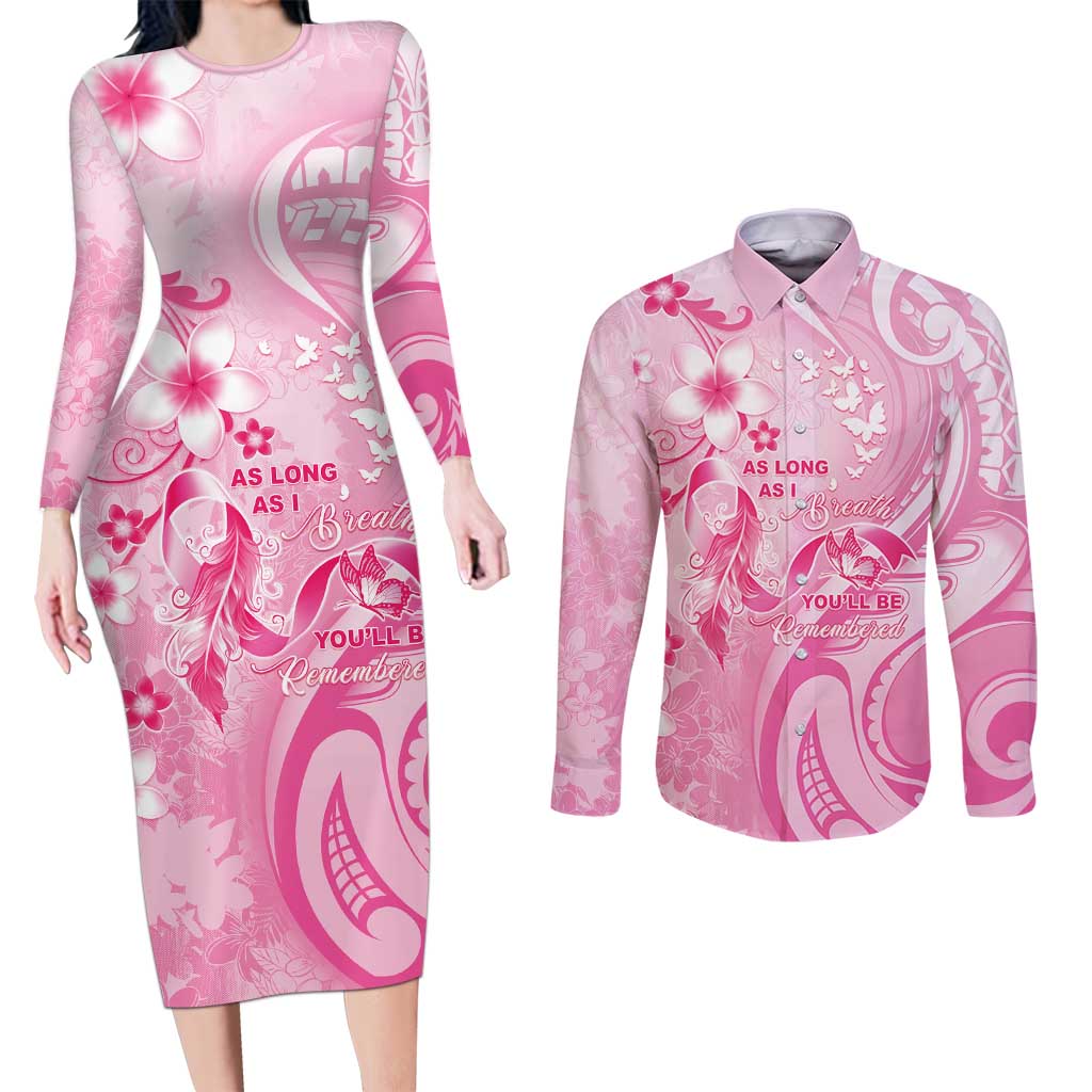 Personalised Memorial Pink Breast Cancer Awareness Couples Matching Long Sleeve Bodycon Dress and Long Sleeve Button Shirt Plumeria Floral Tribal Pattern - Polynesian Pride