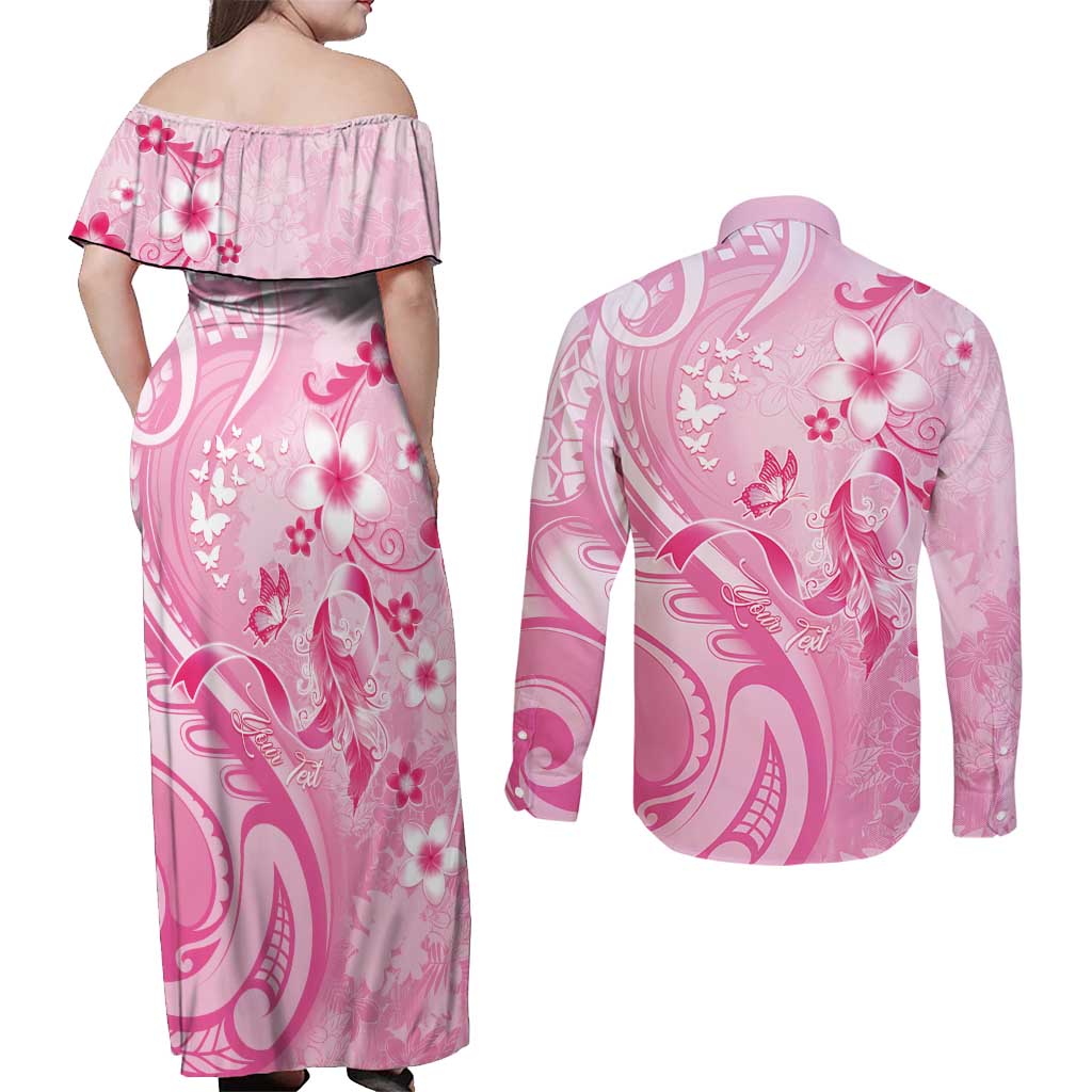 Personalised Memorial Pink Breast Cancer Awareness Couples Matching Off Shoulder Maxi Dress and Long Sleeve Button Shirt Plumeria Floral Tribal Pattern - Polynesian Pride