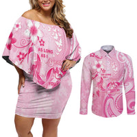 Personalised Memorial Pink Breast Cancer Awareness Couples Matching Off Shoulder Short Dress and Long Sleeve Button Shirt Plumeria Floral Tribal Pattern - Polynesian Pride