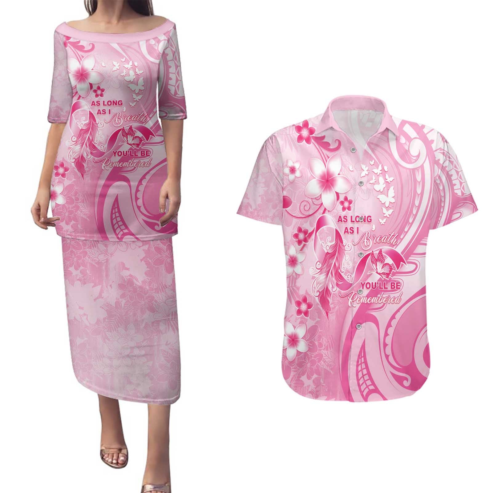 Personalised Memorial Pink Breast Cancer Awareness Couples Matching Puletasi and Hawaiian Shirt Plumeria Floral Tribal Pattern - Polynesian Pride