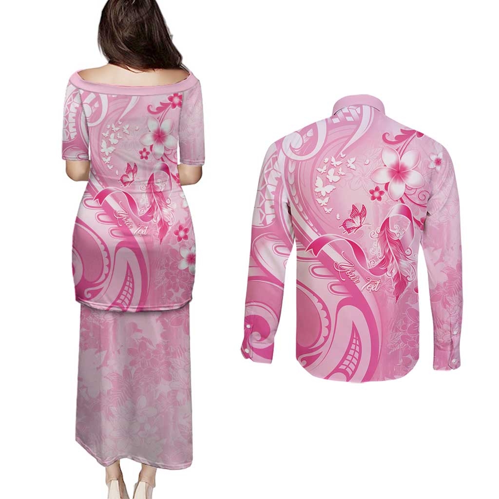 Personalised Memorial Pink Breast Cancer Awareness Couples Matching Puletasi and Long Sleeve Button Shirt Plumeria Floral Tribal Pattern - Polynesian Pride