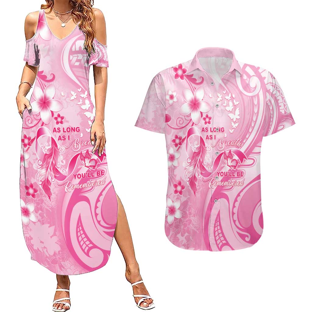 Personalised Memorial Pink Breast Cancer Awareness Couples Matching Summer Maxi Dress and Hawaiian Shirt Plumeria Floral Tribal Pattern - Polynesian Pride