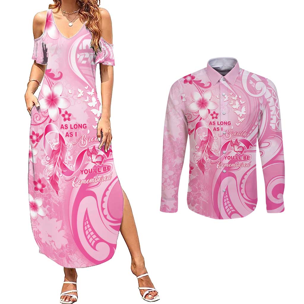 Personalised Memorial Pink Breast Cancer Awareness Couples Matching Summer Maxi Dress and Long Sleeve Button Shirt Plumeria Floral Tribal Pattern - Polynesian Pride