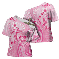 Personalised Memorial Pink Breast Cancer Awareness Cross Shoulder Shirt Plumeria Floral Tribal Pattern - Polynesian Pride