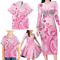 Personalised Memorial Pink Breast Cancer Awareness Family Matching Long Sleeve Bodycon Dress and Hawaiian Shirt Plumeria Floral Tribal Pattern - Polynesian Pride