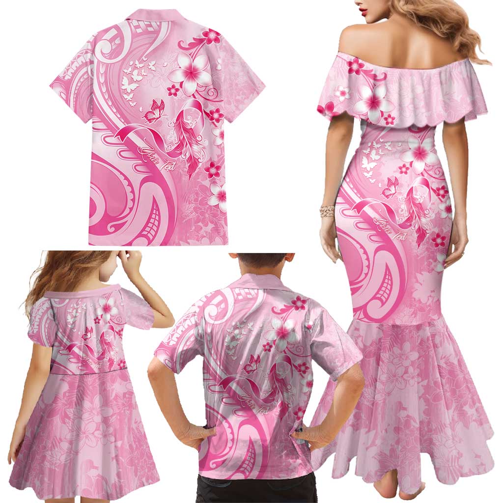 Personalised Memorial Pink Breast Cancer Awareness Family Matching Mermaid Dress and Hawaiian Shirt Plumeria Floral Tribal Pattern - Polynesian Pride
