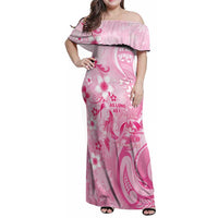 Personalised Memorial Pink Breast Cancer Awareness Family Matching Off Shoulder Maxi Dress and Hawaiian Shirt Plumeria Floral Tribal Pattern - Polynesian Pride