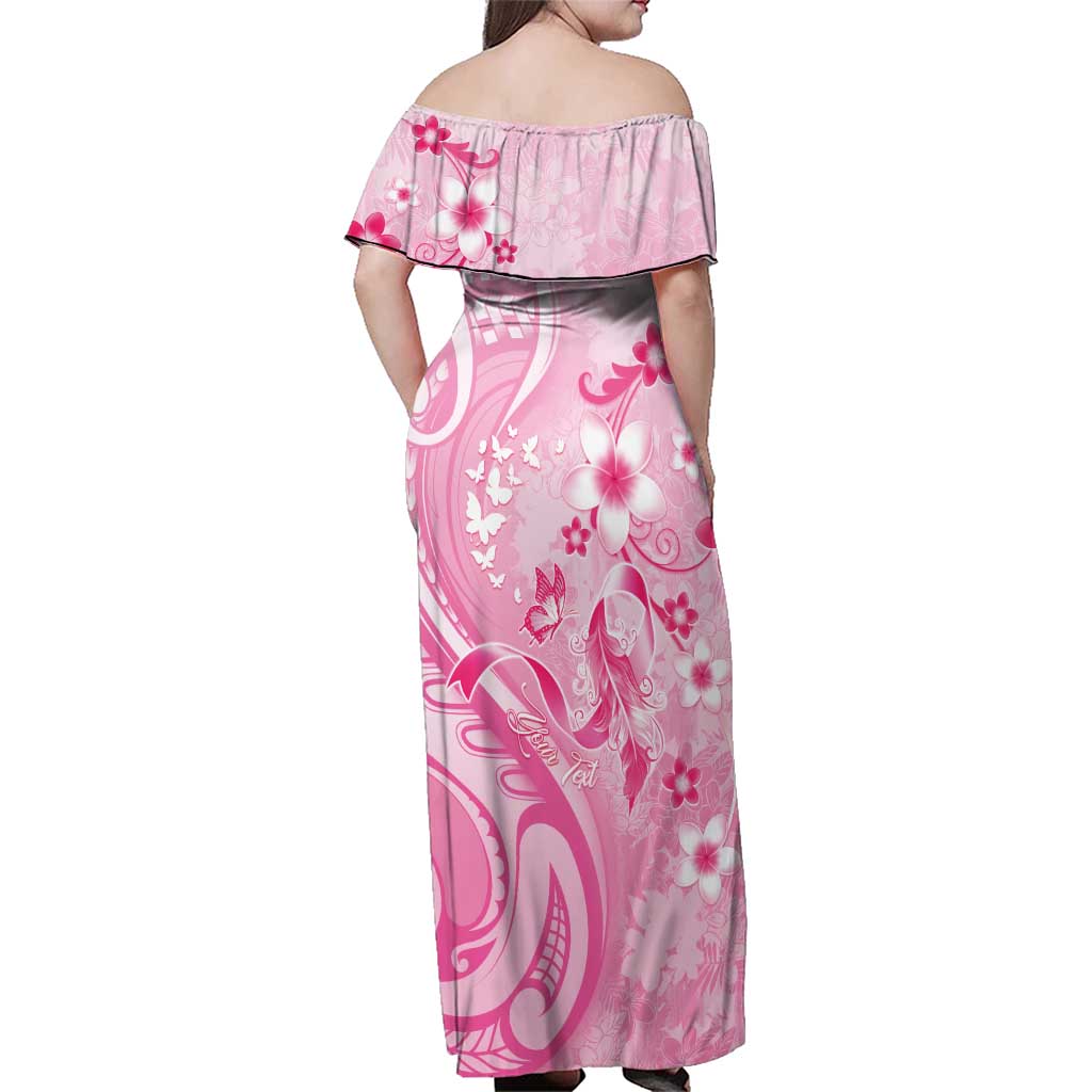 Personalised Memorial Pink Breast Cancer Awareness Family Matching Off Shoulder Maxi Dress and Hawaiian Shirt Plumeria Floral Tribal Pattern - Polynesian Pride