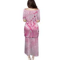 Personalised Memorial Pink Breast Cancer Awareness Family Matching Puletasi and Hawaiian Shirt Plumeria Floral Tribal Pattern - Polynesian Pride