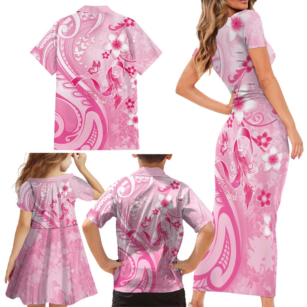 Personalised Memorial Pink Breast Cancer Awareness Family Matching Short Sleeve Bodycon Dress and Hawaiian Shirt Plumeria Floral Tribal Pattern - Polynesian Pride