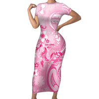 Personalised Memorial Pink Breast Cancer Awareness Family Matching Short Sleeve Bodycon Dress and Hawaiian Shirt Plumeria Floral Tribal Pattern - Polynesian Pride