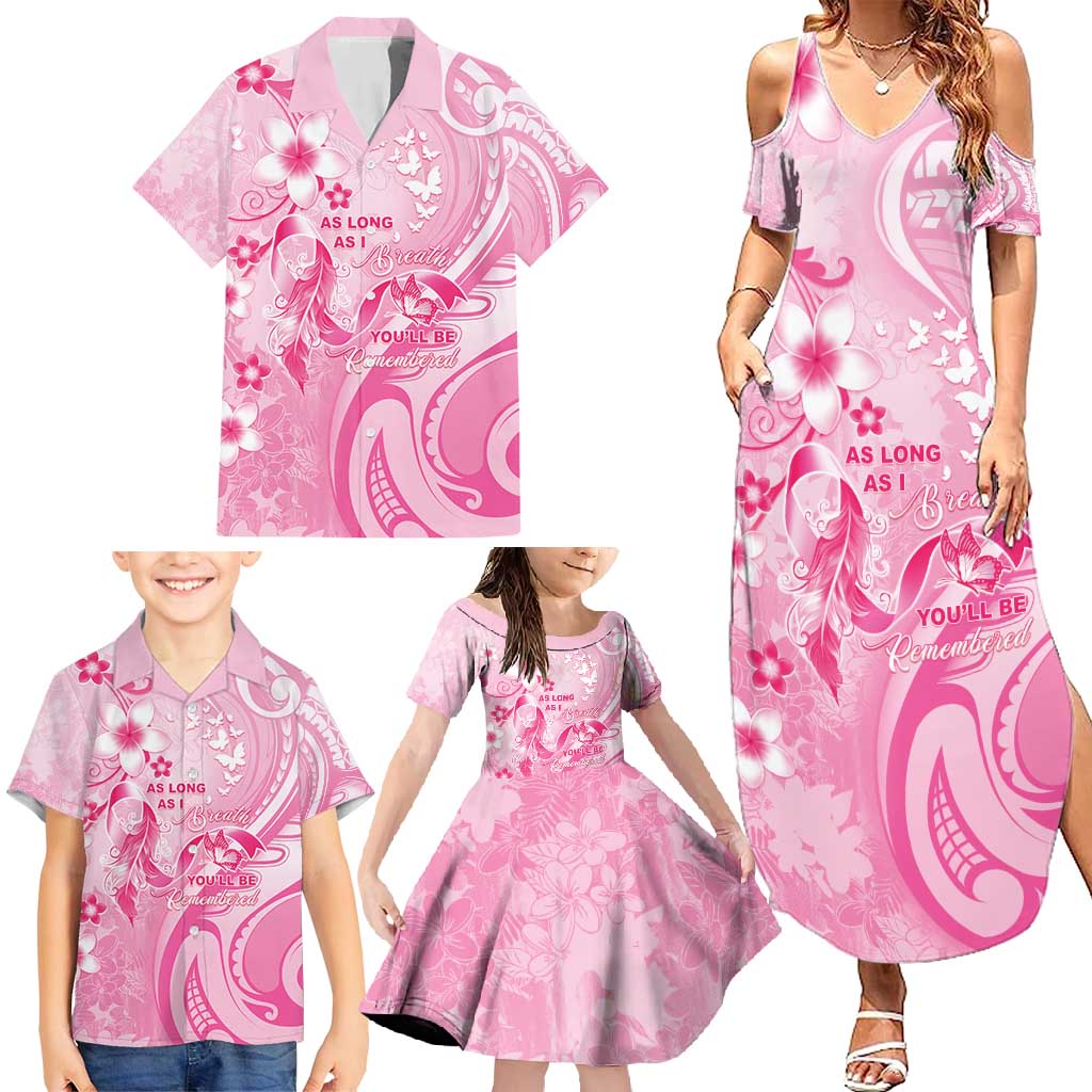 Personalised Memorial Pink Breast Cancer Awareness Family Matching Summer Maxi Dress and Hawaiian Shirt Plumeria Floral Tribal Pattern - Polynesian Pride