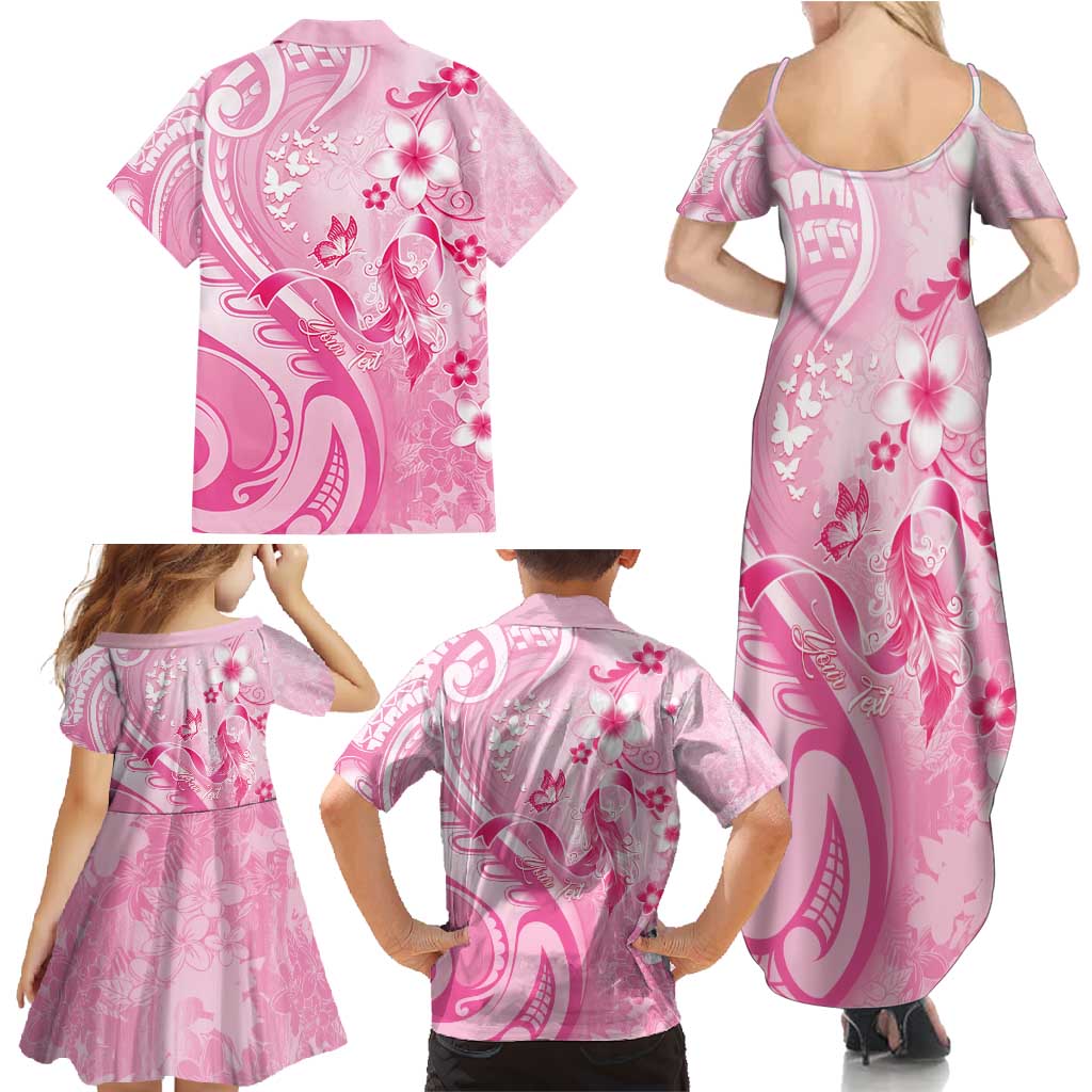 Personalised Memorial Pink Breast Cancer Awareness Family Matching Summer Maxi Dress and Hawaiian Shirt Plumeria Floral Tribal Pattern - Polynesian Pride
