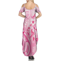 Personalised Memorial Pink Breast Cancer Awareness Family Matching Summer Maxi Dress and Hawaiian Shirt Plumeria Floral Tribal Pattern - Polynesian Pride