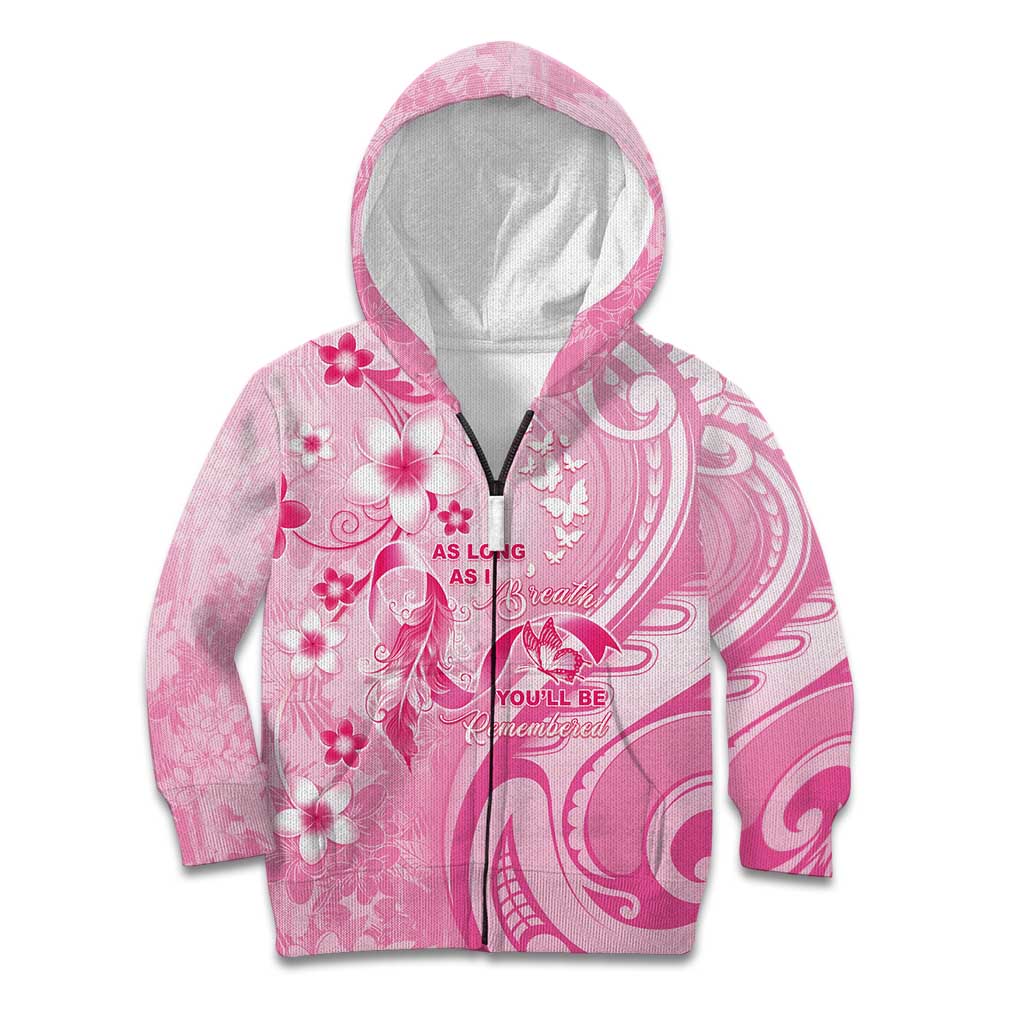Personalised Memorial Pink Breast Cancer Awareness Kid Hoodie Plumeria Floral Tribal Pattern - Polynesian Pride