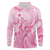 Personalised Memorial Pink Breast Cancer Awareness Long Sleeve Polo Shirt Plumeria Floral Tribal Pattern - Polynesian Pride