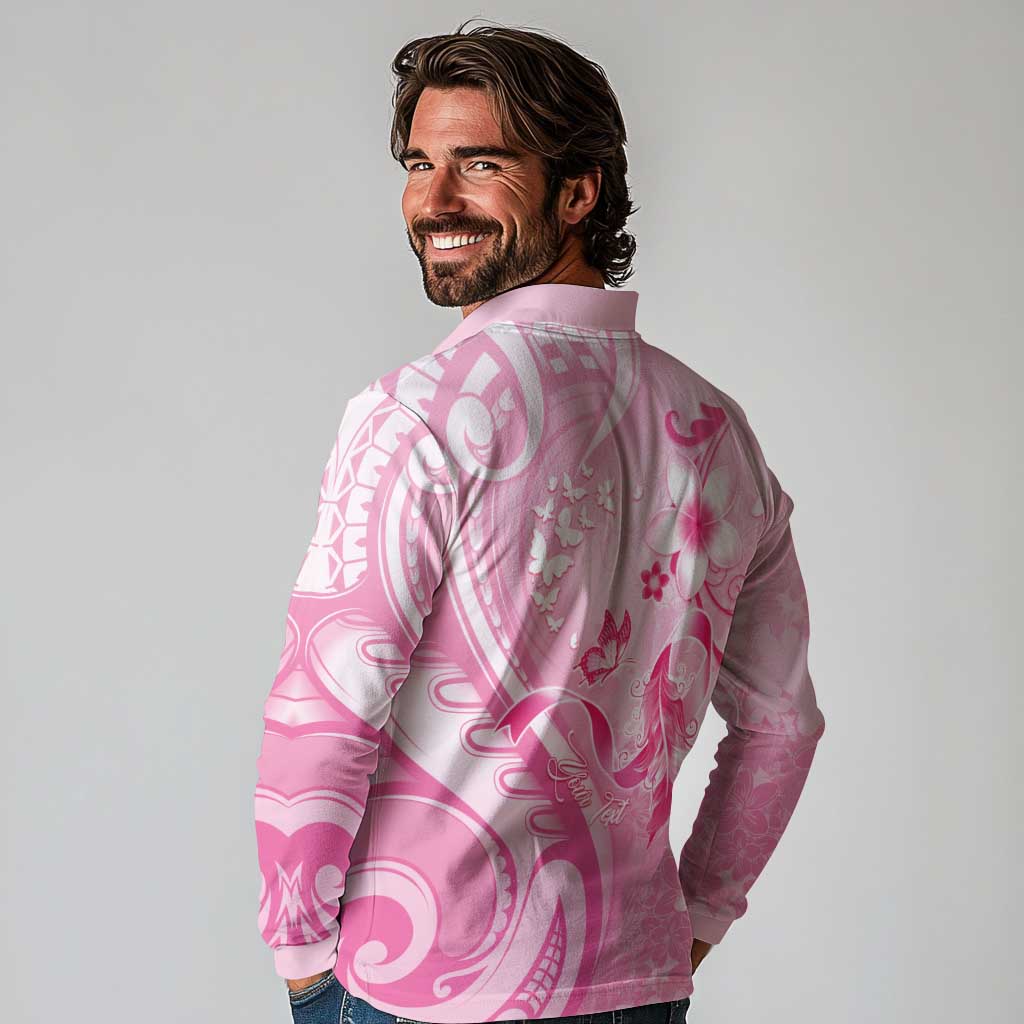 Personalised Memorial Pink Breast Cancer Awareness Long Sleeve Polo Shirt Plumeria Floral Tribal Pattern - Polynesian Pride