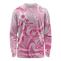 Personalised Memorial Pink Breast Cancer Awareness Long Sleeve Shirt Plumeria Floral Tribal Pattern - Polynesian Pride