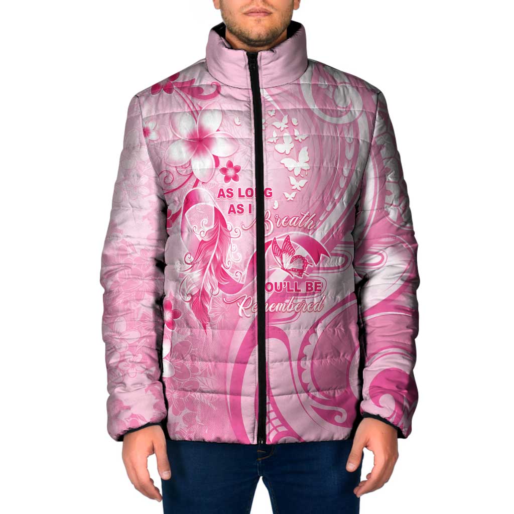 Personalised Memorial Pink Breast Cancer Awareness Padded Jacket Plumeria Floral Tribal Pattern - Polynesian Pride