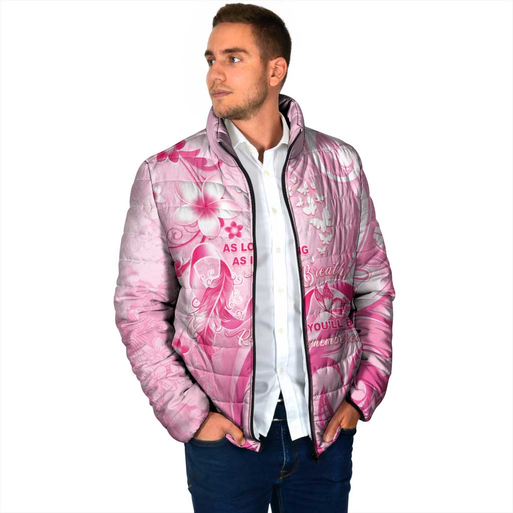Personalised Memorial Pink Breast Cancer Awareness Padded Jacket Plumeria Floral Tribal Pattern - Polynesian Pride