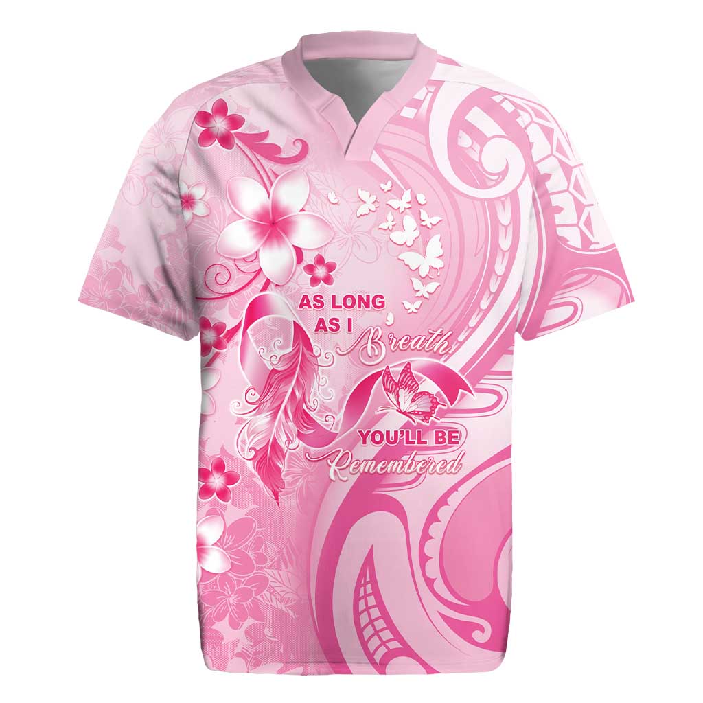 Personalised Memorial Pink Breast Cancer Awareness Rugby Jersey Plumeria Floral Tribal Pattern - Polynesian Pride