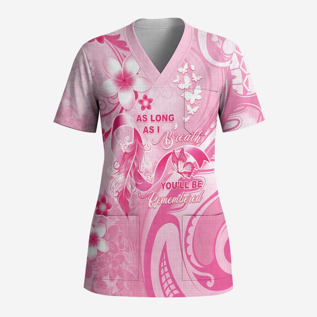 Personalised Memorial Pink Breast Cancer Awareness Scrub Top Plumeria Floral Tribal Pattern - Polynesian Pride