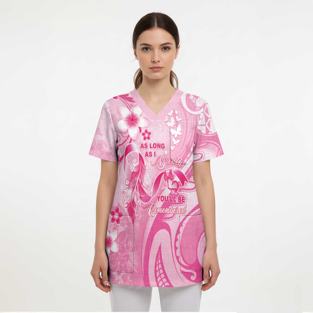 Personalised Memorial Pink Breast Cancer Awareness Scrub Top Plumeria Floral Tribal Pattern - Polynesian Pride