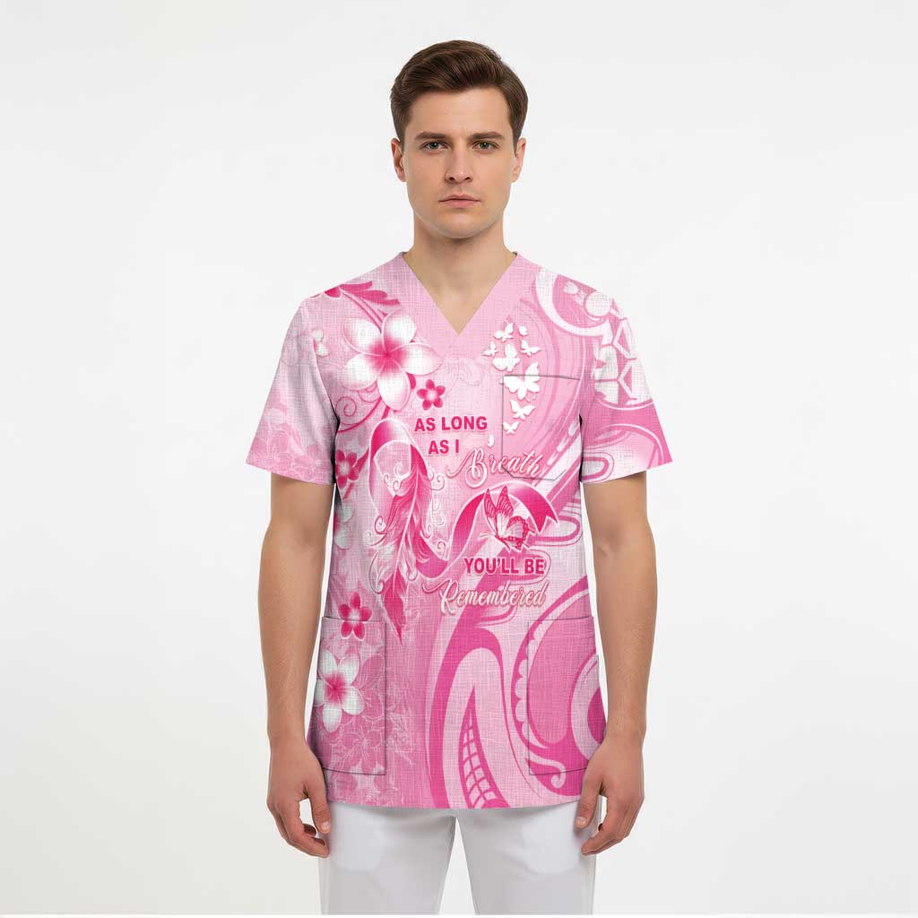 Personalised Memorial Pink Breast Cancer Awareness Scrub Top Plumeria Floral Tribal Pattern - Polynesian Pride
