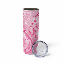 Personalised Memorial Pink Breast Cancer Awareness Skinny Tumbler Plumeria Floral Tribal Pattern - Polynesian Pride