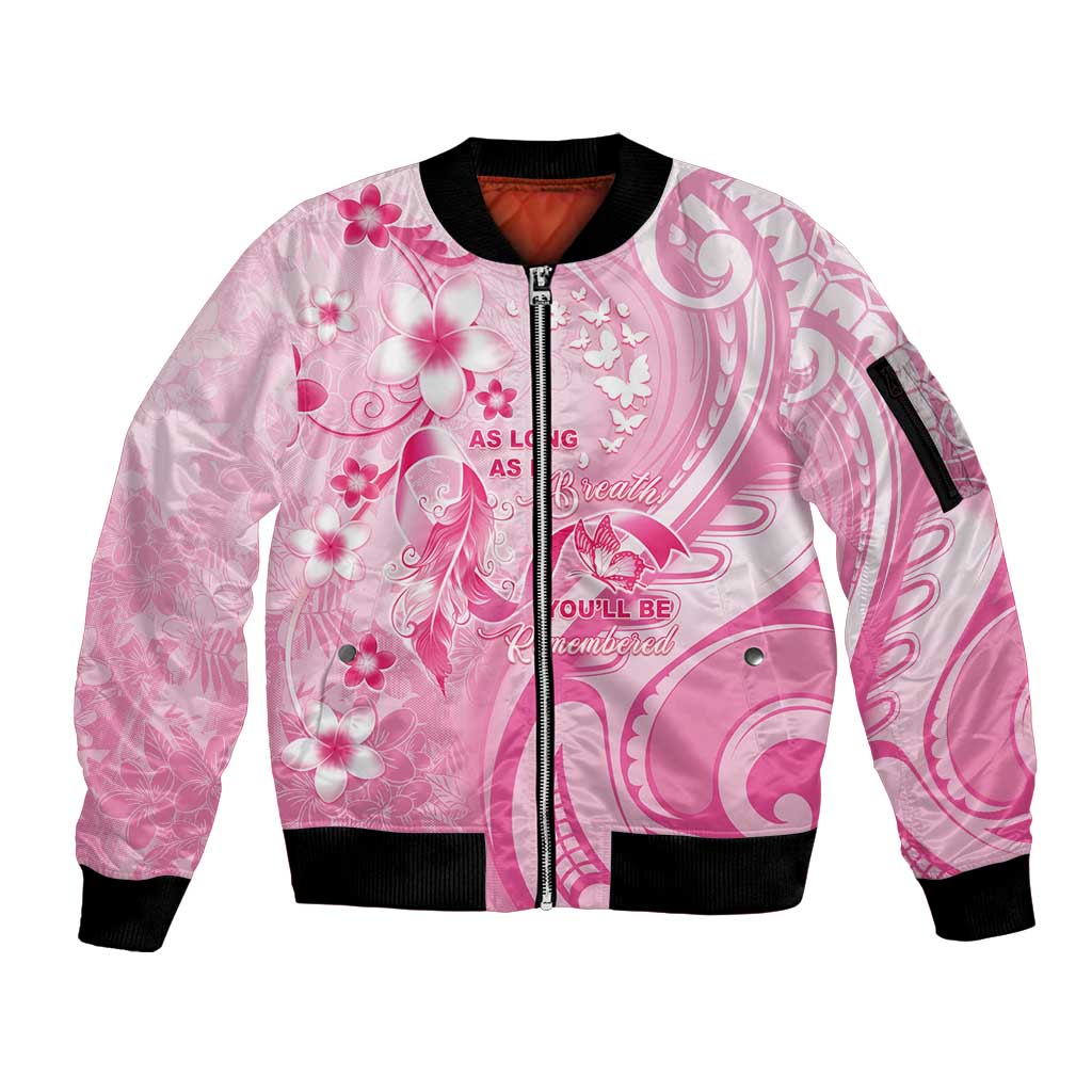 Personalised Memorial Pink Breast Cancer Awareness Sleeve Zip Bomber Jacket Plumeria Floral Tribal Pattern - Polynesian Pride