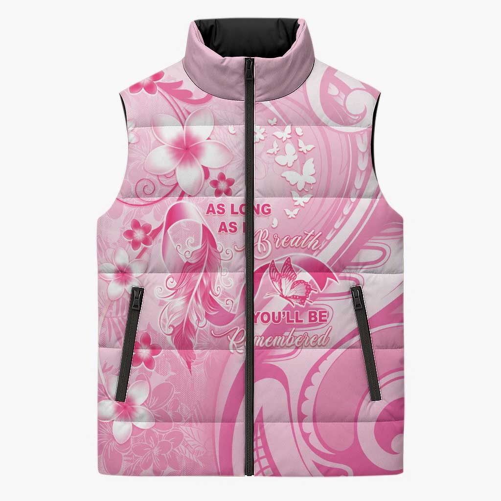 Personalised Memorial Pink Breast Cancer Awareness Sleeveless Puffer Jacket Plumeria Floral Tribal Pattern - Polynesian Pride